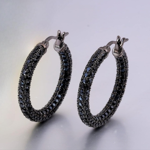 Black Pave Crystal Hoop Earrings Rhinestone Covered Blackened Metal Small Hoops - Picture 3 of 14